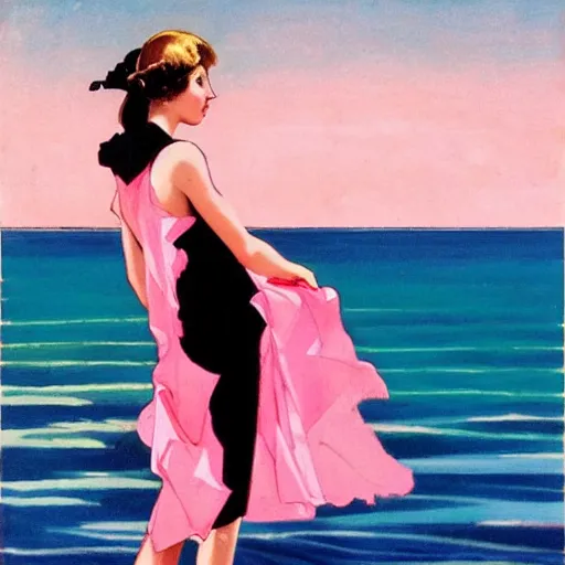 Image similar to woman, black dress in the middle of the beach, pink sea, leyendecker style