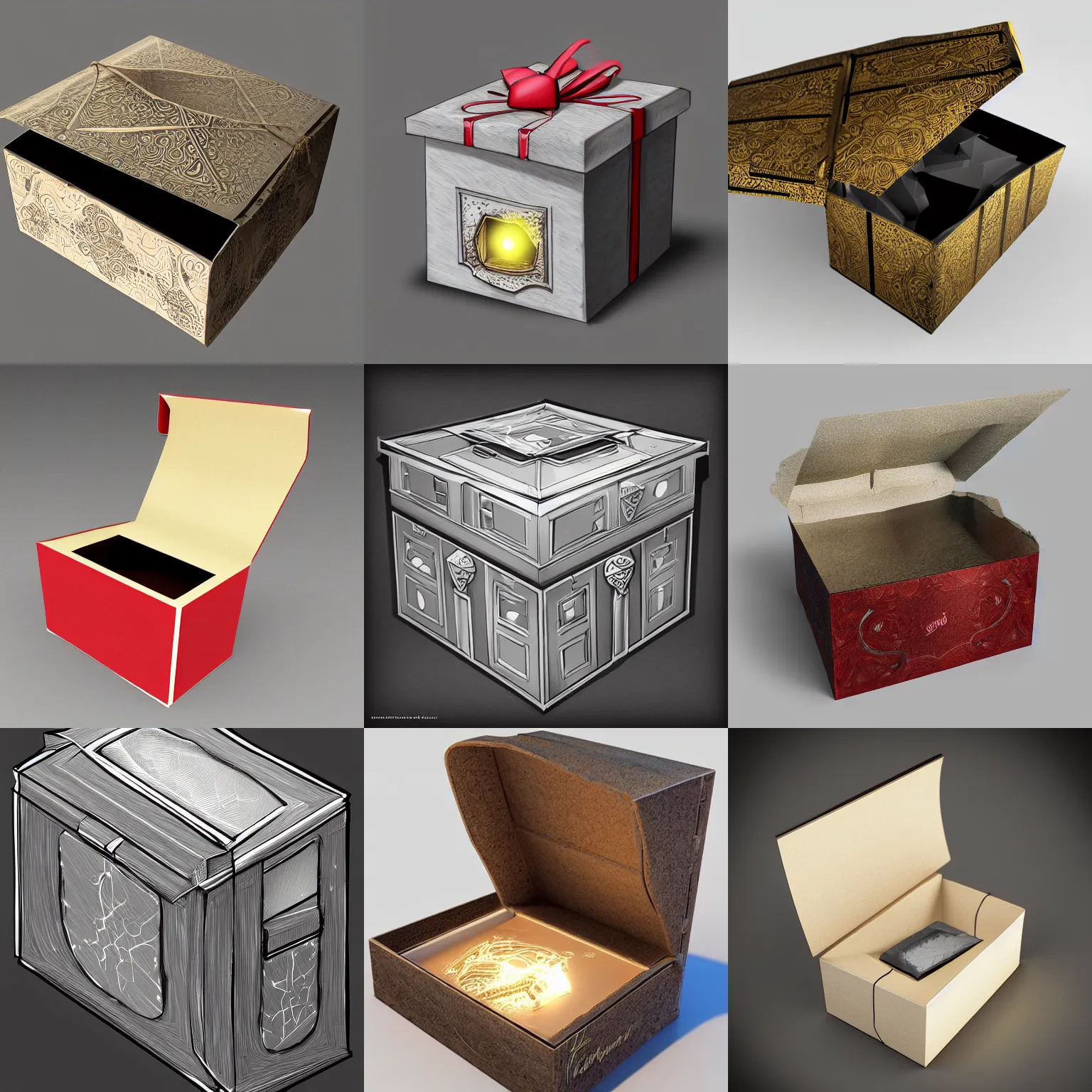 Prompt: open gift box with glow inside, lateral view, interior hidden, highly detailed digital art, concept art, photorealistic trending on artstation