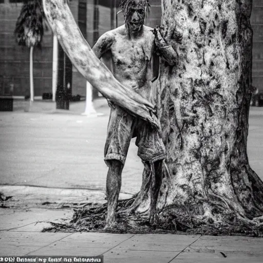 Image similar to The installation art shows a man caught in a storm, buffeted by wind and rain. He clings to a tree for support, but the tree is bent nearly double by the force of the storm. The man's clothing is soaked through and his hair is plastered to his head. His face is contorted with fear and effort. Babylonian by Bruno Munari, by Kazuo Koike energetic