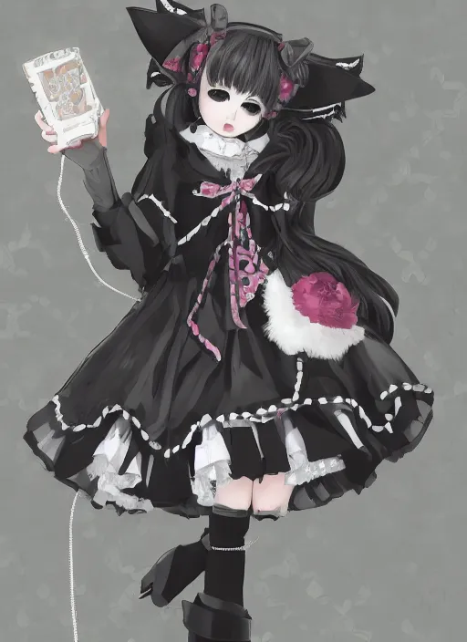 Image similar to digital painting of a cat wearing a gothic lolita dress with a cross pattern and platform boots, fursona, furry art, detailed white fur, detailed dress, makoto shinkai and akihiko yoshida and hidari and wlop