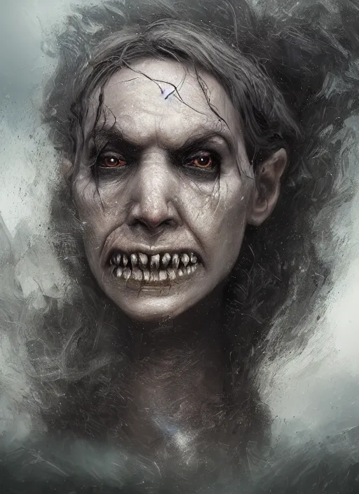 Image similar to a close up portrait of a creepy grotesque sea witch with dark turbulent skies, photorealistic, by jessica rossier, 4 k resolution