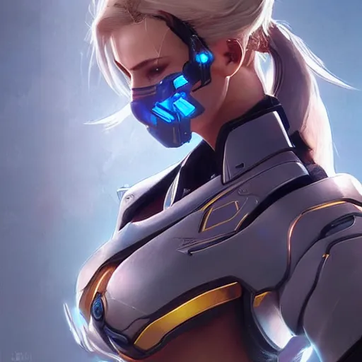 Prompt: mercy overwatch wearing cyberkinetic mask, 8 k resolution, highly detailed, intricate, very beautiful face, very detailed eyes, by greg rutkowski, wlop