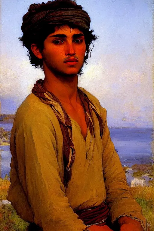 Prompt: Portrait of a young mascular gypsy man magucian, by victor Nizovtsev, bouguereau