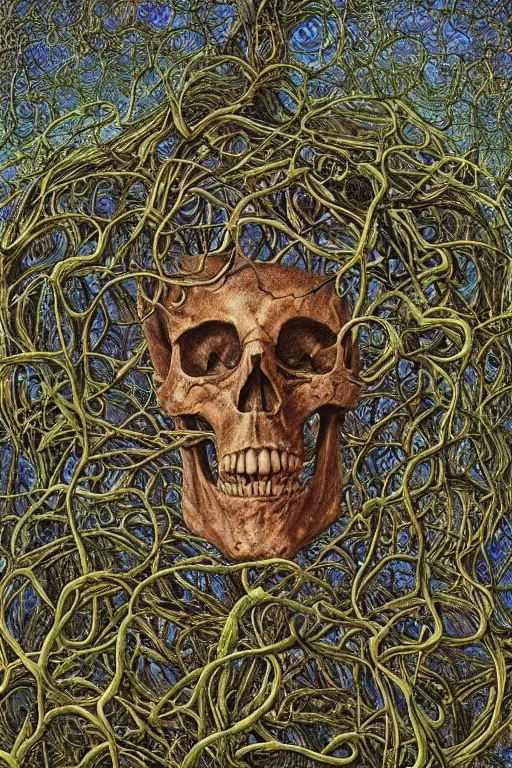 Image similar to Floating skull shaped island made of vines and earthart by visionary artist peter gric in hyperdetailed surreal fantastic style. Floating skull by hannah yata in visionary-psychedelic style earthart skull generative artwork by midjourney. Spiritual shamanic artifact skull decorated with gems and gold by billelis polished ominous photorealistic mysterious intricate hyperdetailed galactic expansive ethereal elemental detailed complex Earthart skull collage generated in discodiffusion or dall-e2 trending on Artstation hyperdetailed 8k resolution concept art 64 megapixels 8K resolution depth of field DSLR subtractive lighting tilt-shift wide-angle lens Skull made of smaller skulls made of smaller skulls surrealist fractal art gigapixel resolution 8K 3D | CGSociety | volumetric light | lightrays | smoke | cinematic | atmospheric | octane render | insanely detailed and intricate | hypermaximalist | elegant | ornate | luxury | elite | Floating skull hyperdetailed insanely complex artwork by psikodelicious art & design | gigapixel render | visions of chaos | midjourney | discodiffusion | complex hyperdetailed fantastic realism artwork made with dall-e2