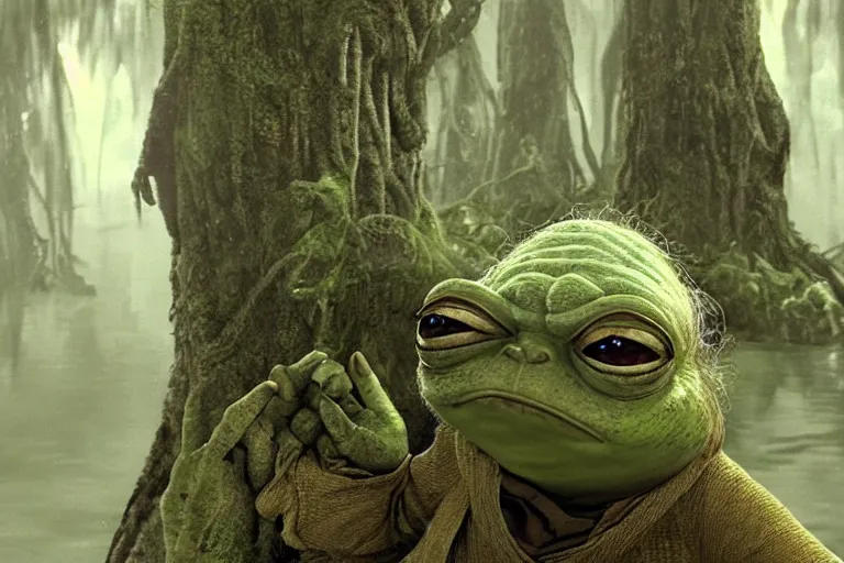 Prompt: pepe the frog yoda in a swamp on dagobah, a scene from'the empire strikes back ', hyper realistic, cinematic