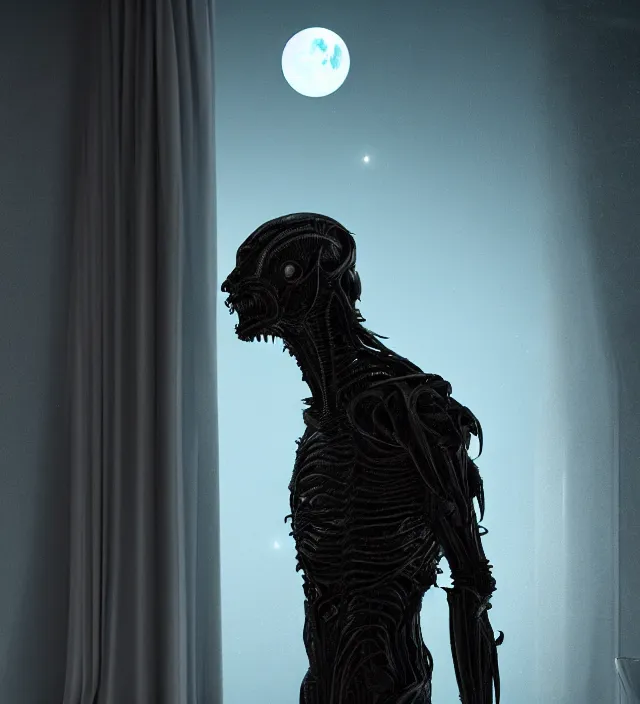 Image similar to a nightmare humanoid monster alien standing in front of a window, intricate spacesuit, moon light through the window, volumetric lighting, hyperealistic, 4 k, inspired by stephen king, inspired by lovecraft, inspired by jeffrey smith