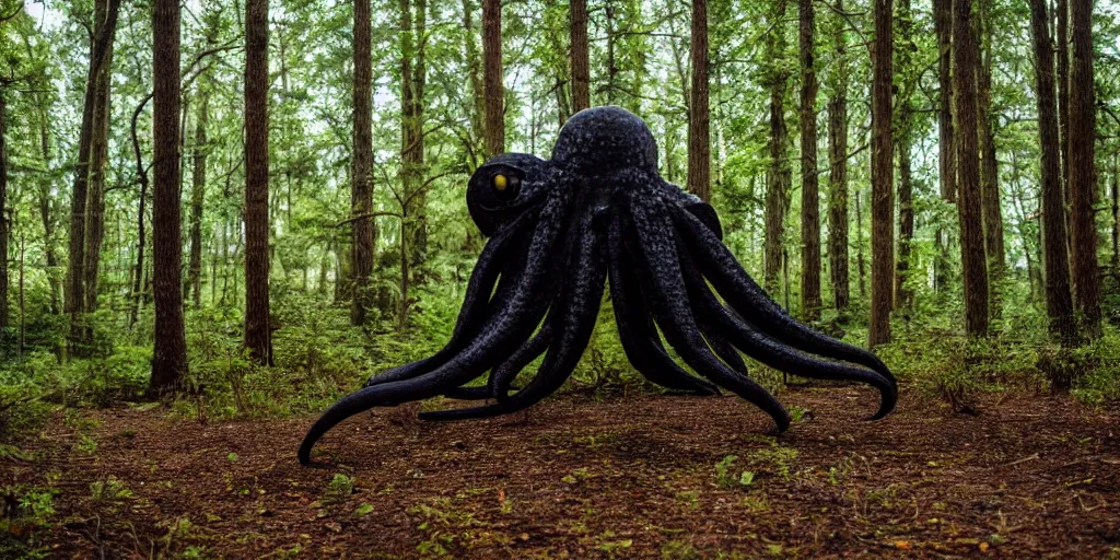 Image similar to a huge black octopus in the middle of a forest, winding around trees, beautiful ambient light, 8k photography