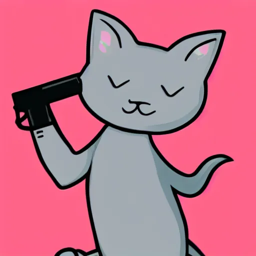 Prompt: cute grey cat holding gun, comic style, video game, pink background, no letters