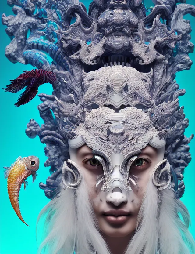 Image similar to 3 d goddess close - up frontal portrait with ram skull. beautiful intricately detailed japanese crow kitsune mask and clasical japanese kimono. betta fish, jellyfish phoenix, bio luminescent, plasma, ice, water, wind, creature, artwork by tooth wu and wlop and beeple and greg rutkowski