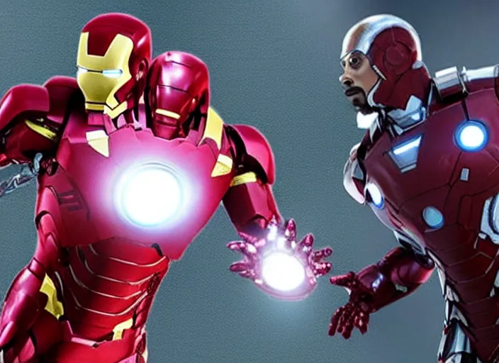 Prompt: film still of snoop dogg snoop dogg as iron man in new avengers film, 4k