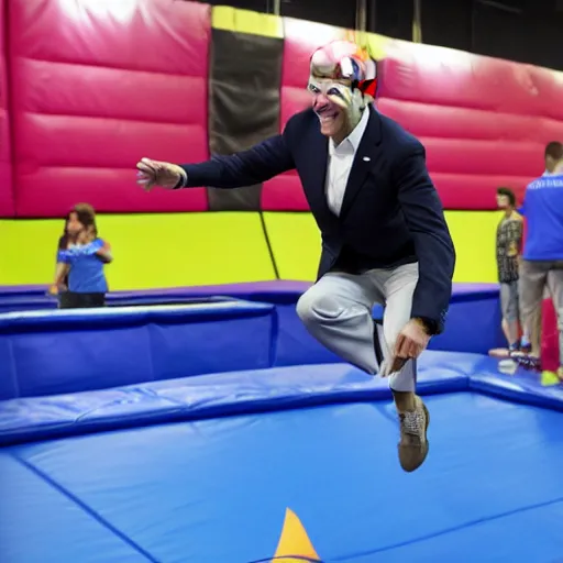 Prompt: Joe Biden jumping in a trampoline park