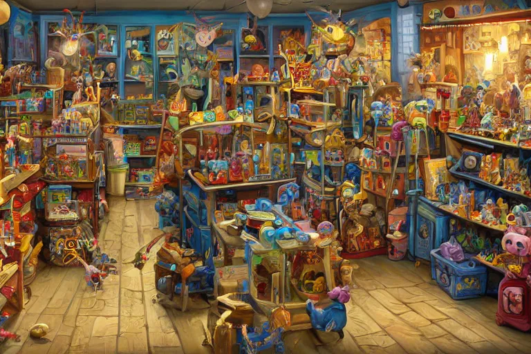 Image similar to painting of a toy store for wizards, magical toys, digital art, trending on artstation