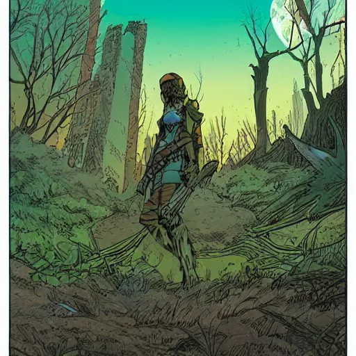 Image similar to ligne claire art of a druid in postapocalyptic city intertwined with nature in the open space, by moebius, bright colors, eisner award - winning spread