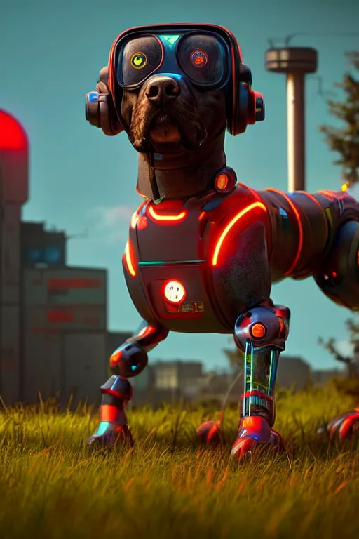 Prompt: cyborg dog, ultra hd, Painting By Simon Stalenhag, unreal 5, DAZ, hyperrealistic, octane render, dynamic lighting, intricate detail, summer vibrancy, cinematic