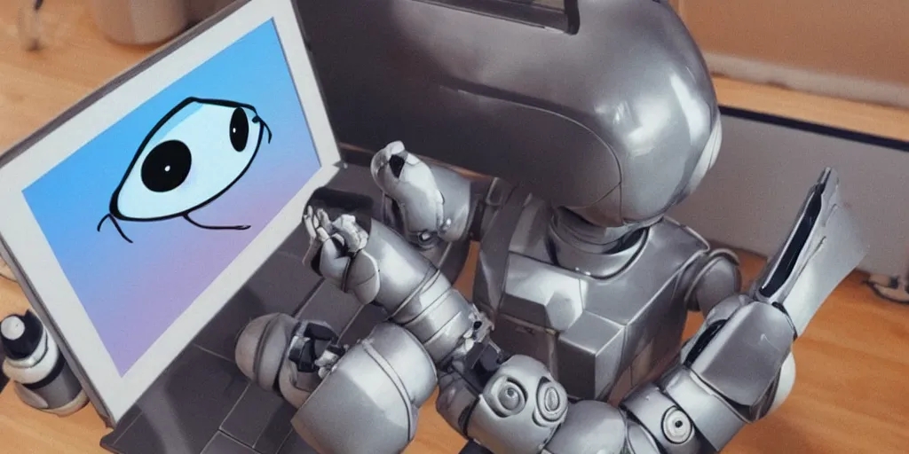 Prompt: “a cute robot looking at pictures on a computer photorealistic”
