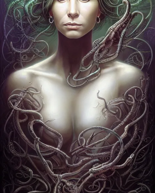 Image similar to lovecraft biopunk portrait of young olivia newton john by tomasz alen kopera and peter mohrbacher.