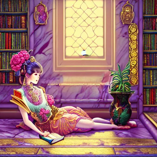 Image similar to a detailed fantasy pastel portrait of a woman wizard in ornate clothing lounging on a purpur pillow on the marble floor in front of her bookcase in a room, reading an ancient tome. to the side is a potted plant, moody light. ancient retrofuturistic setting. 4 k key art. raytracing, perspective, by chie yoshii and yoshitaka amano.