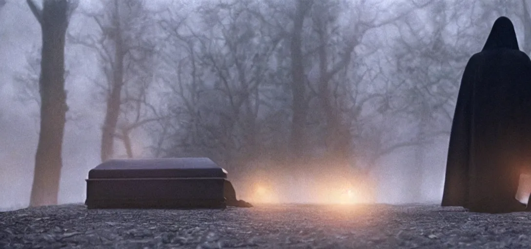 Image similar to prince of darkness waking from his coffin, foggy, cinematic shot, photo still from movie by denis villeneuve, wayne barlowe