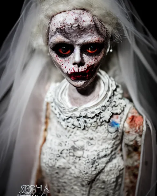 Image similar to a paper mache doll of a zombie bride, realistic, very detailed, complex, intricate, studio lighting, bokeh, sigma 5 0 mm f 1. 4