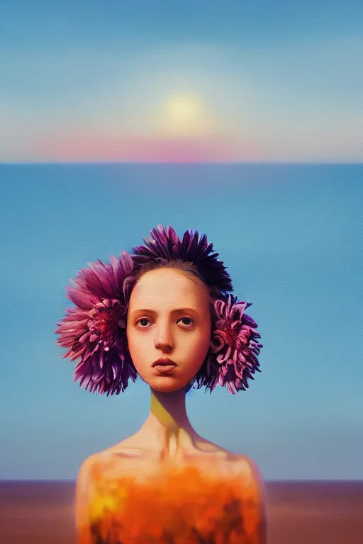 Image similar to closeup giant dahlia flower head, girl standing on beach, surreal photography, blue sky, sunrise, dramatic light, impressionist painting, digital painting, artstation, simon stalenhag