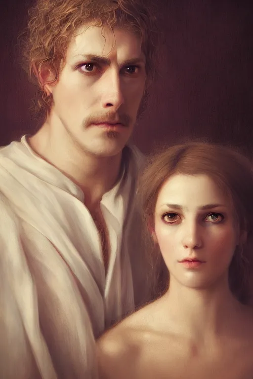 Image similar to a portrait of Satan and his wife, white eyes, bored, illustration, soft lighting, soft details, painting oil on canvas, octane render, HDR, 4k, 8k, HD, by Edmund Blair Leighton, Brom, Charlie Bowater, trending on artstation,