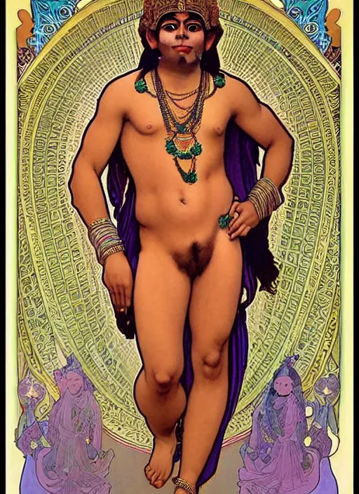 Image similar to a full body portrait of beautiful ornated hanuman!!!! god with flowing medium hair, soft facial features, kind appearence, digital art by alphonse mucha, inspired by krishen khanna and madhvi parekh, symmetrical body, artgerm, portrait, muted color scheme, highly detailed, outrun art style