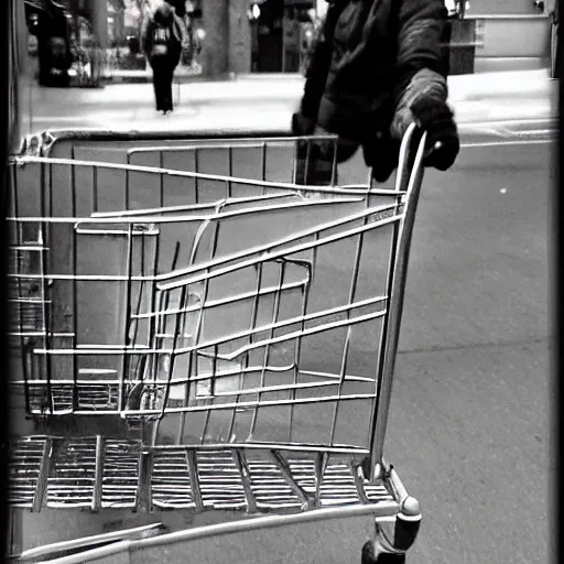 Prompt: a photograph of homeless jesus pushing a shopping cart