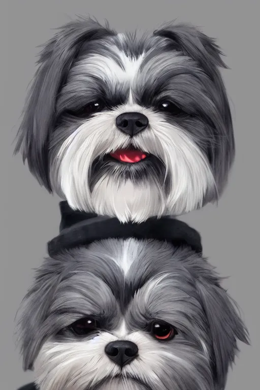 Image similar to An anime portrait of a dark gray shii tzu , by Stanley Artgerm Lau, WLOP, Rossdraws, James Jean, Andrei Riabovitchev, Marc Simonetti, and Sakimichan, tranding on artstation