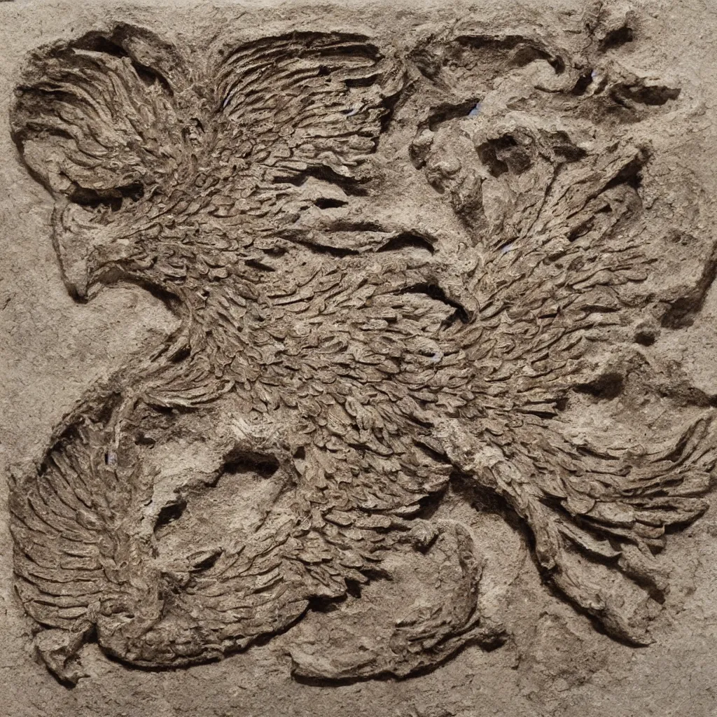 Image similar to a fossilized phoenix, museum photo