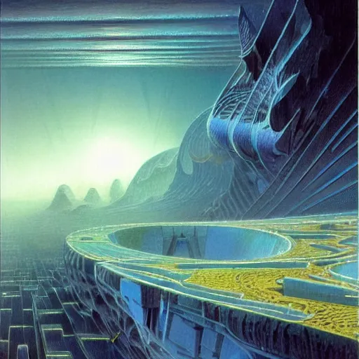 Image similar to The world is labyrinthine beyond possibility of imagining, inhabited on many levels by alien intelligence, infinite in extent, staggering in its beauty, terrifying in its weirdness, endlessly satisfying and peculiar, by Ralph McQuarrie and Bruce Pennington, cinematic lighting, hyper realism, high detail, iridescent accents