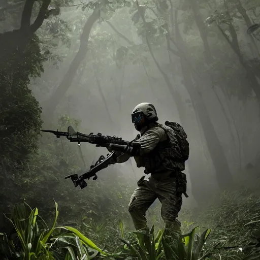 Prompt: Mercenary Special Forces soldier in light grey uniform with black armored vest and helmet launching an ambush attack in the jungles of Tanoa, combat photography by Feng Zhu, highly detailed, excellent composition, cinematic concept art, dramatic lighting, trending on ArtStation