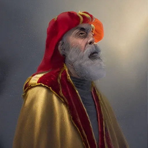 Prompt: stoner King Tommy Chong wears a doublet whilst wearing a red velvet cape and golden crown edward julius detmold jehan choo jeff simpson arkhip kuindzhi raphael lacoste guillem h. pongiluppi grisaille