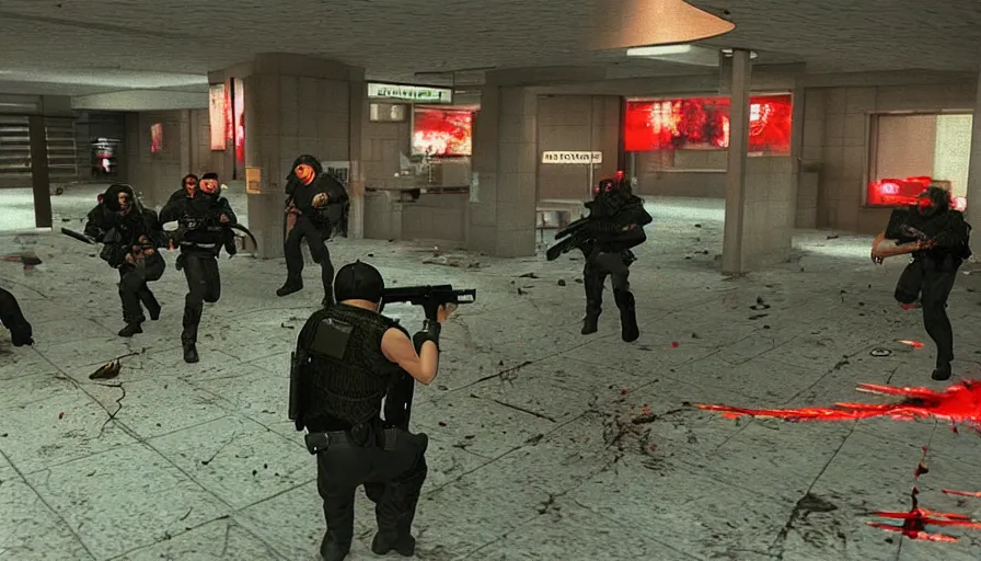 Prompt: 1994 Video Game Deathcam Screenshot, Anime Neo-tokyo Cyborg bank robbers vs police, Set inside of the Bank Lobby, Multiplayer set-piece in bank lobby, Tactical Squad :9, Police officers under heavy fire, Police Calling for back up, Bullet Holes and Blood Splatter, :6 Gas Grenades, Riot Shields, Large Caliber Sniper Fire, Chaos, Anime Cyberpunk, Anime Bullet VFX, Machine Gun Fire, Violent Gun Action, Shootout, :7 Inspired by Escape From Tarkov + Intruder + Payday 2 :9 by Katsuhiro Otomo: 9