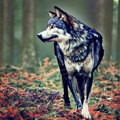 Image similar to mixture between an crow and! wolf, photograph captured in a dark forest, realistic