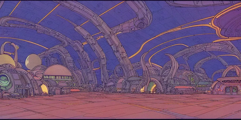 Image similar to cel shaded cinematic shot of the interior of a sci-fi space station with ornate Elven architecture bustling with various intelligent alien species, epic castle, emerald, crystalline, detailed illustration, sharp focus, crisp lines, art by Moebius, Jean Giraud Moebius comic illustration