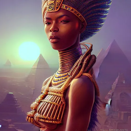 Image similar to highly detailed portrait of an african egyptian goddess, intricate alien technology, stephen bliss, unreal engine, fantasy art by greg rutkowski, loish, rhads, ferdinand knab, makoto shinkai and lois van baarle, ilya kuvshinov, rossdraws, tom bagshaw, global illumination, radiant light, detailed and intricate environment