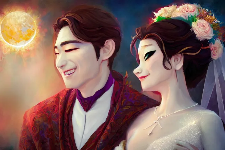 Image similar to a cinematic portrait of wedding photograph jpeg close up moment of a divine a japan sun god and moon goddess lovers magician at a wedding banquet. portraiture. digital painting. artstation. concept art. wedding photo. digital painting. frozen ii art masterpiece by art by krenz cushart