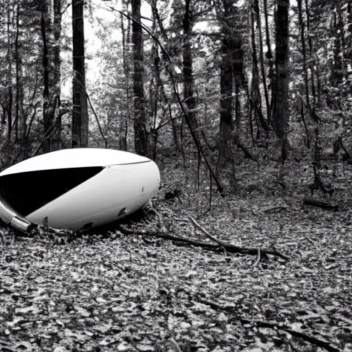 Image similar to a crashed ufo in the forest, black and white photo