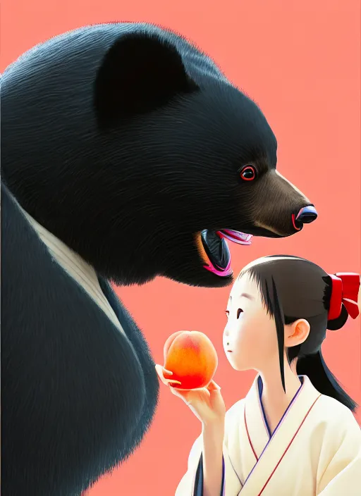 Image similar to painting of a girl wearing a kimono giving a peach to an anthropomorphic asian black bear, featured in artstation, octane render, cinematic, elegant, intricate, 8 k, close up, in the style of studio ghibli and heikala and most famous japanese artists,