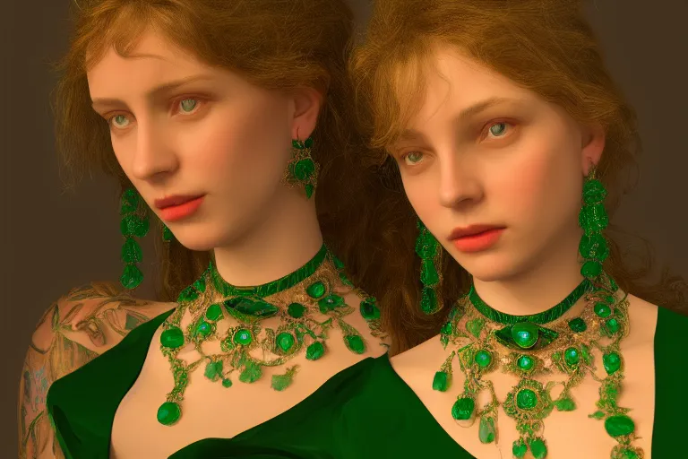 Image similar to highly detailed oil painting, front view, ornate, delicate, brilliant magical emerald choker, necklace on display, octane render, realistic, dramatic light,