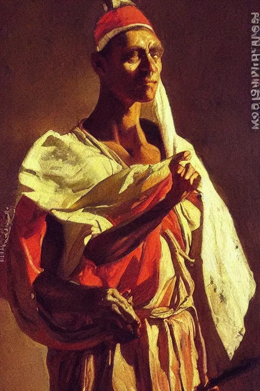 Image similar to a close portrait of a mantis wearing a toga in ancient rome. masterpiece, dramatic light and shadow, saturated colors, ciaroscuro. painted by anders zorn