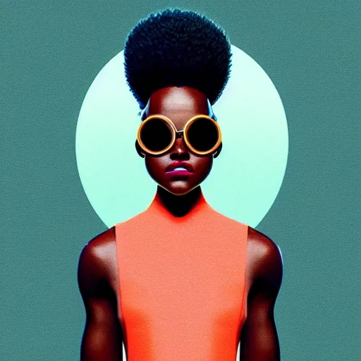 Prompt: Lupita Nyongo wearing opaque reflective goggles profile picture by Greg Rutkowski, brown skin, long afro hair, asymmetrical, futuristic, volumetric lights, cool colors, streetwear, studio ghibli, Organic Painting , Matte Painting, geometric shapes, hard edges, street art, trending on the artstation, fantasy LUT, realistic by Sachin Teng + Martin Grip + Moebius, techwear, Industrial Scifi, detailed illustration, character portrait,