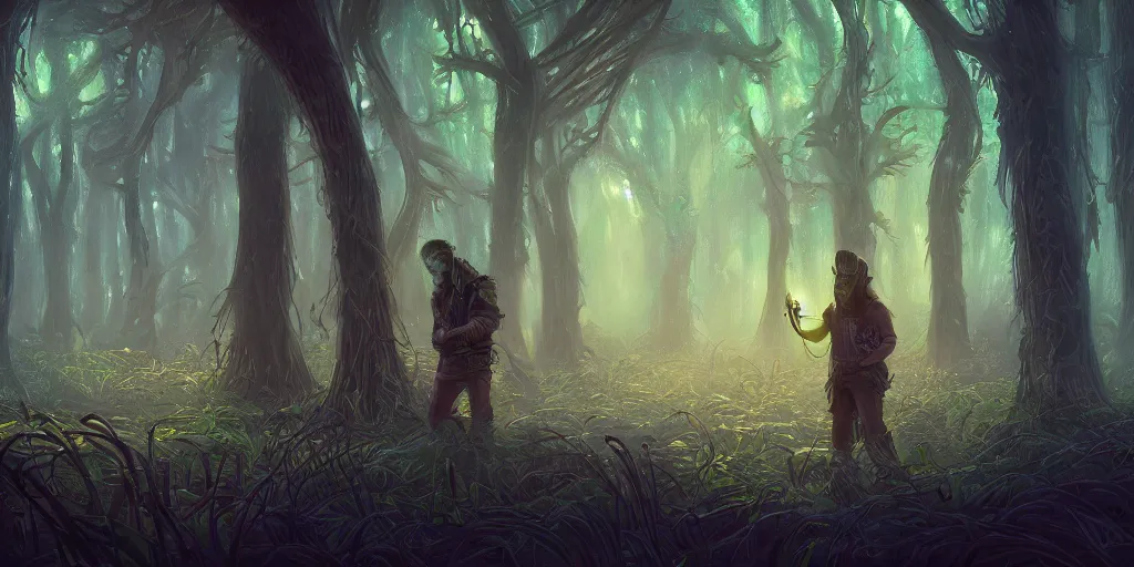 Image similar to reed - people hidden in futuristic spiritual mystical post apocalyptic forest drawn by ron gilbert, dim painterly volumetric aquatic lighting, beautiful, crisp, artstation, highly detailed