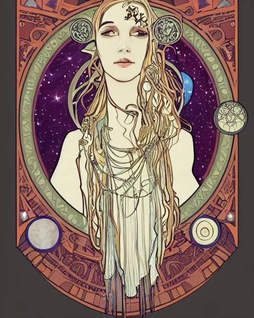 Prompt: a portrait of a galaxy as an androgynous druid spirit wearing five necklaces of moons and stars, draped in transparent cloth, flat colors, occult, minimal, swirly, bust by alphonse mucha, decorative art nouveau border, astrophotography, vast cosmos, detailed book illustration, trending on artstation