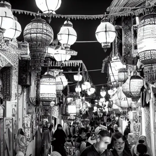 Prompt: arabic lantern bazaar, award winning black and white photography