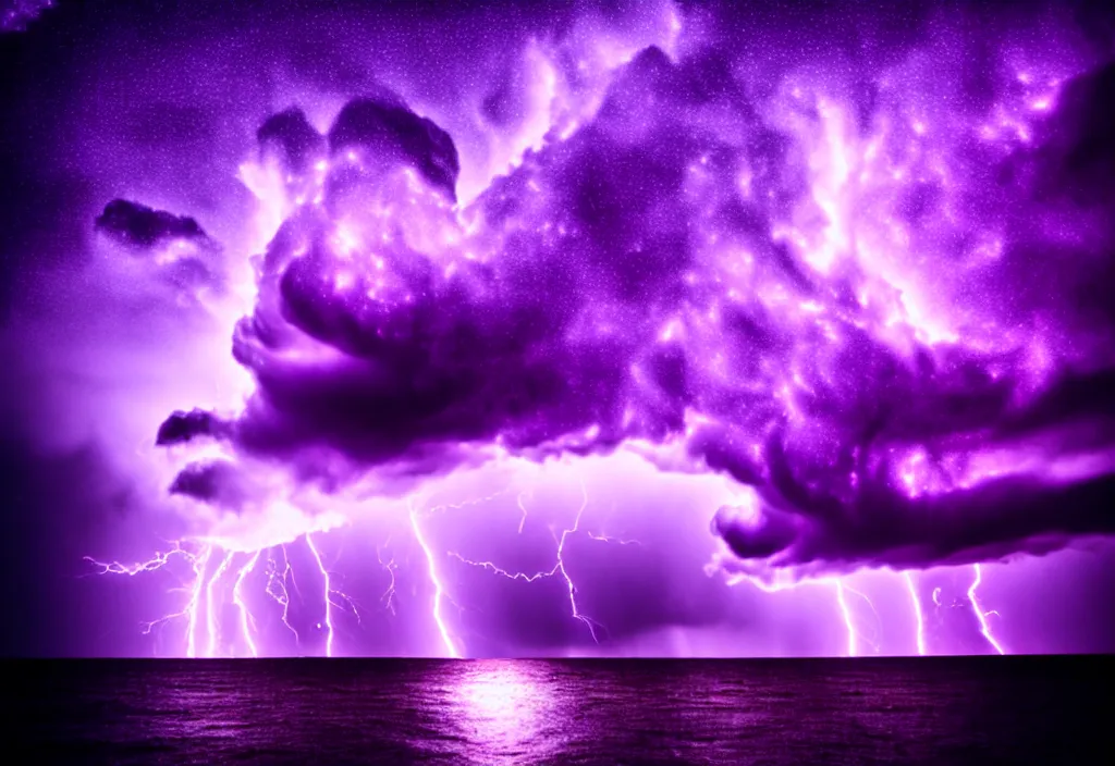 Image similar to purple color lighting storm with stormy sea, pirate ship firing its cannons trippy nebula sky with dramatic clouds 50mm shot