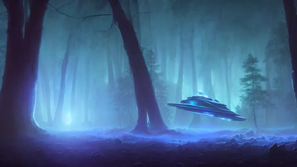 Prompt: matte painting glowing spaceship in clearing in ancient oak Forest at night. Forest is lit by eerie blue glow. Ufo. Digital painting. Beeple. Noah Bradley. Cyril Roland trending on artstation.