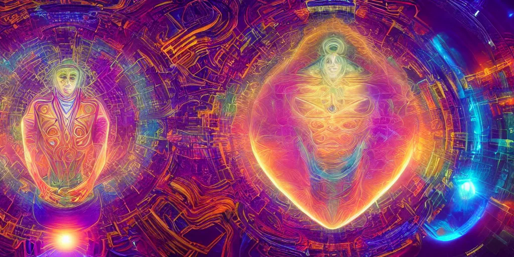 Image similar to transcendence into collaborative intelligence, endless collaboration with ai, connectedness, body, by alex grey, album cover, award winning, beautiful, colorful, volumetric lighting, trending on artstation, cinematic