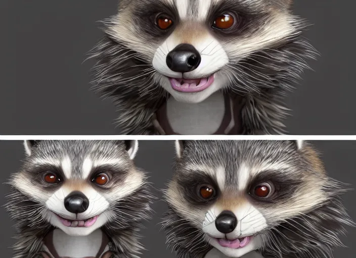 Image similar to award - winning detailed concept art of a creepy animatronic puppet anthropomorphic raccoon character wearing clown makeup. art by wlop on bcy. net, realistic. detailed fur, art by cheng yi. artstationhd, artgerm, 3 dcg, pixar zootopia. 3 d rendering, high quality model sheet, disney. model sheet detailed