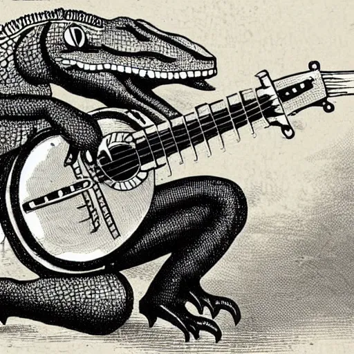 Image similar to a vintage illustration of an alligator playing a banjo